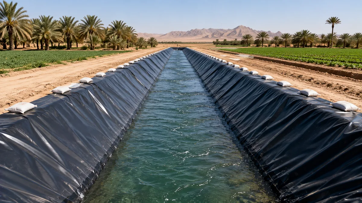 HDPE-lined irrigation canal carrying water between date palms and cultivated fields in the UAE