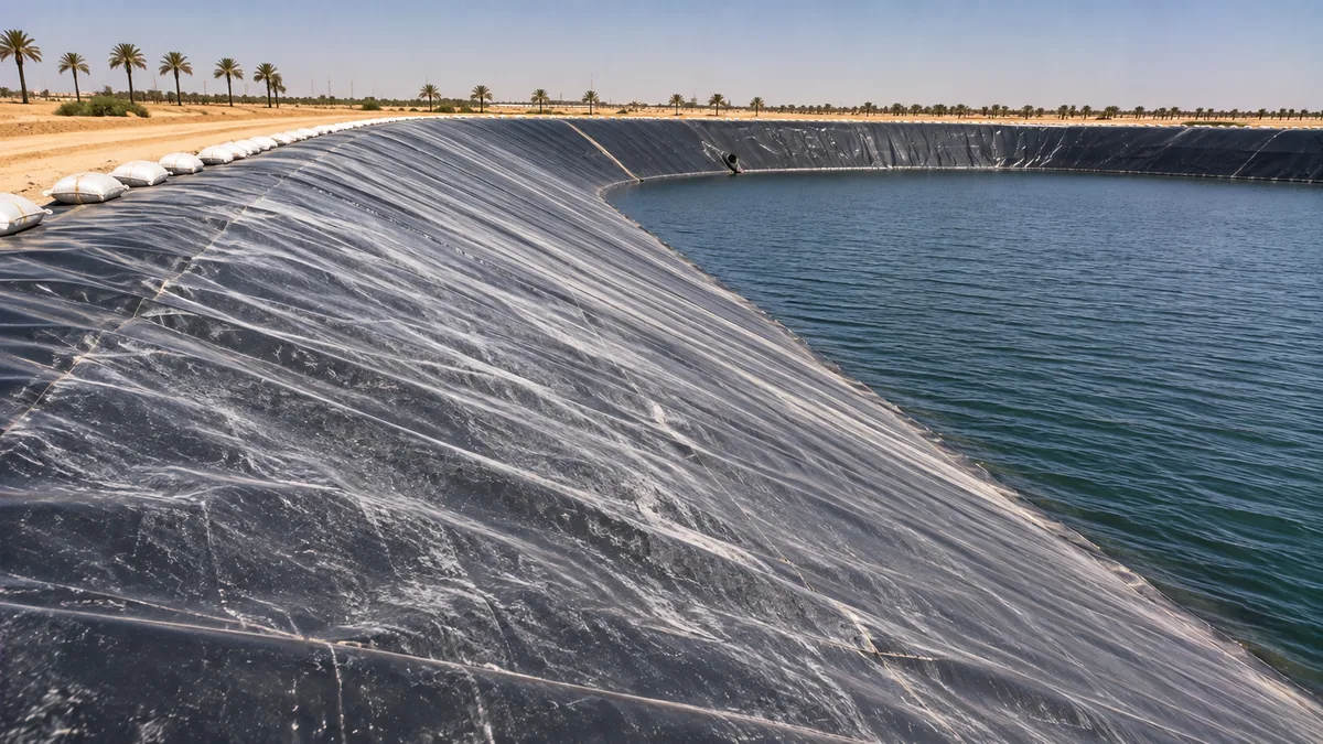 Exposed black HDPE geomembrane on a reservoir slope in harsh sun, surface wrinkles visible above the water