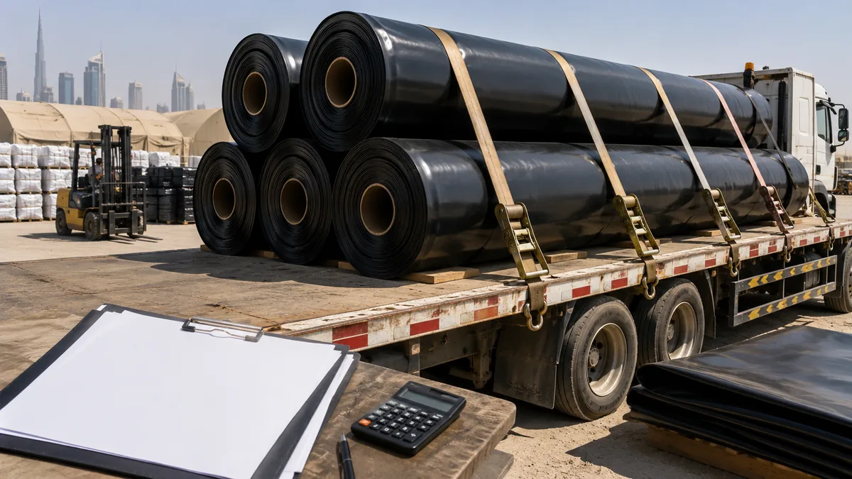 HDPE geomembrane rolls strapped to a flatbed truck with a forklift loading and paperwork on a crate