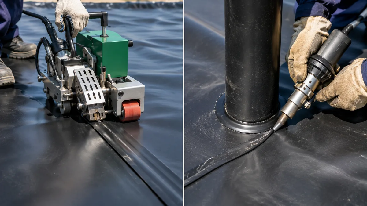 Split view of a hot wedge welder tracking a seam and an extrusion welder finishing a pipe penetration