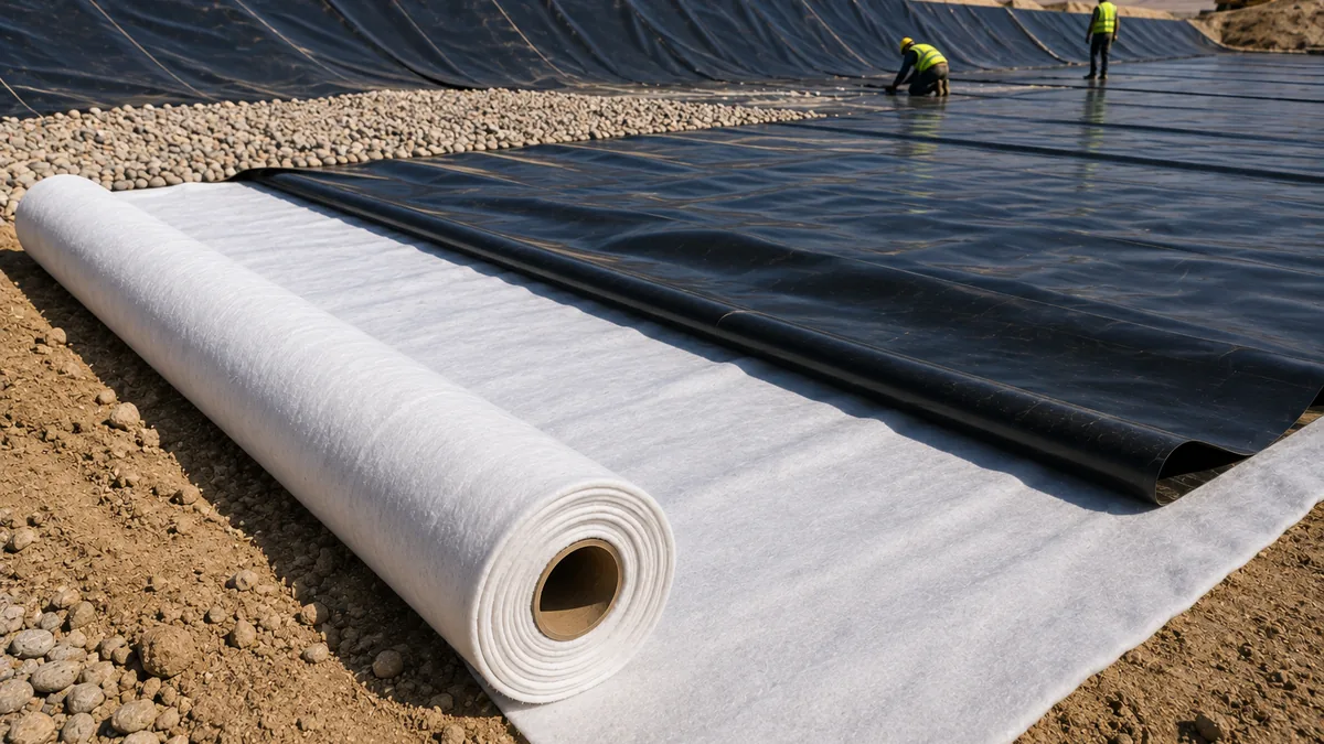White nonwoven cushion geotextile being unrolled over black HDPE geomembrane ahead of stone placement