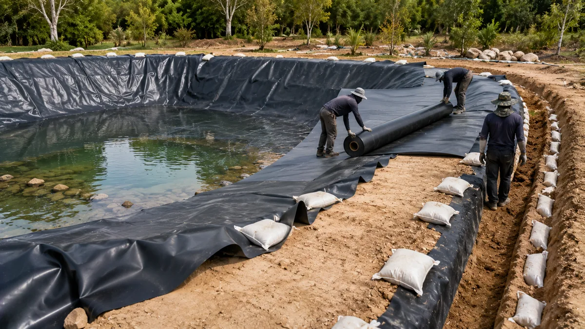Crew unrolling HDPE pond liner into a prepared basin with sandbags holding the panel edges on the slope