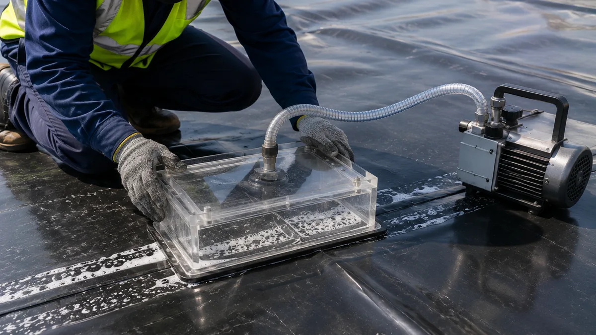 Technician vacuum-box testing a weld on black HDPE geomembrane, bubbles visible through the clear box