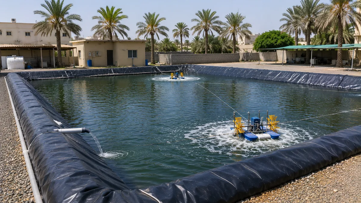 HDPE-lined aquaculture basin in Ajman with paddlewheel aerators running and date palms along the bank