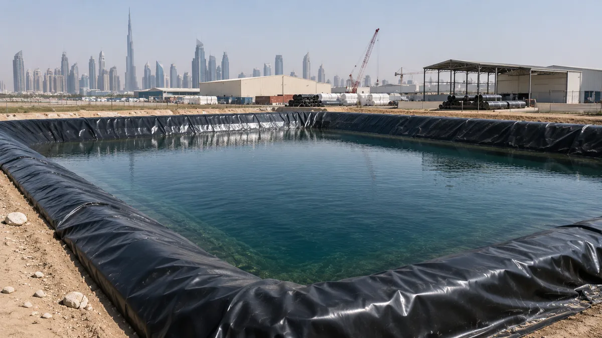 HDPE-lined water basin on the edge of a Dubai industrial area with the city skyline and cranes behind