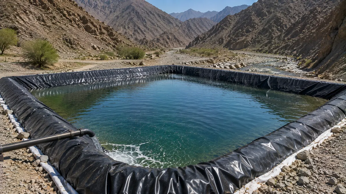 HDPE-lined water basin in a rocky mountain valley near Fujairah with a wadi channel in the background