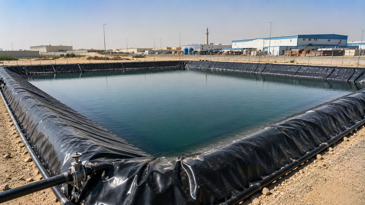 HDPE-lined industrial containment basin in a Sharjah industrial area with warehouse buildings behind
