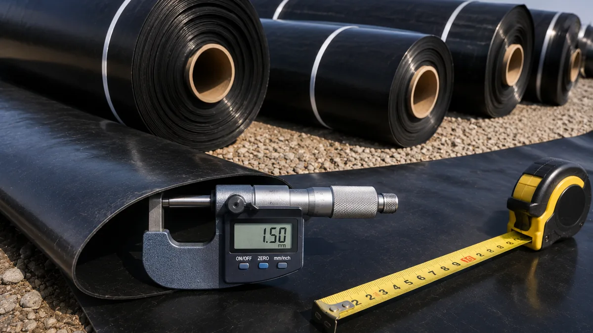Micrometer reading 1.50 mm on a folded HDPE geomembrane sheet beside stacked liner rolls and a tape measure