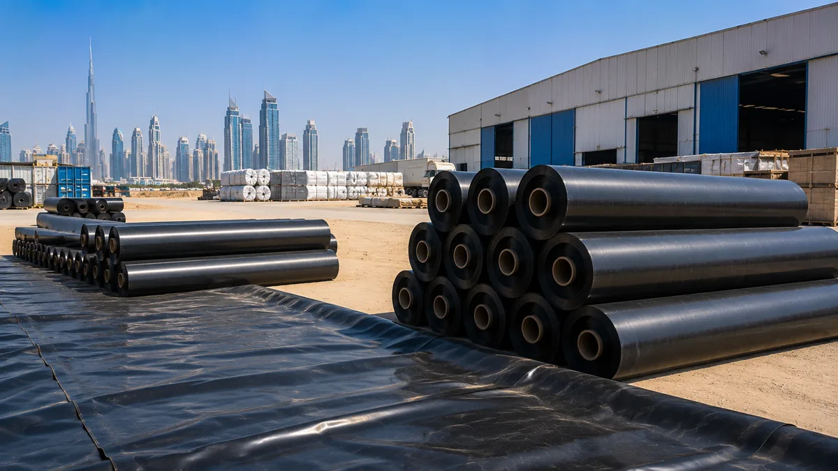 Rolls of black HDPE geomembrane stacked in a Dubai supply yard with liner sheet deployed in the foreground