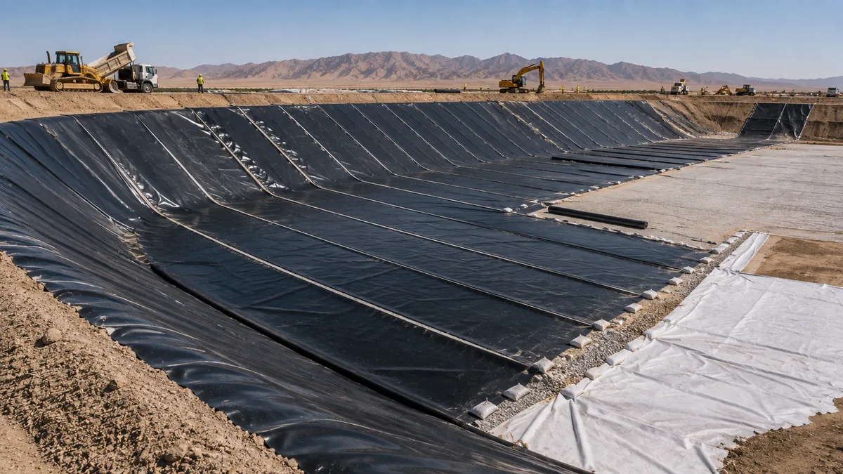 Engineered landfill cell lined with black HDPE geomembrane, white protection geotextile exposed at the toe